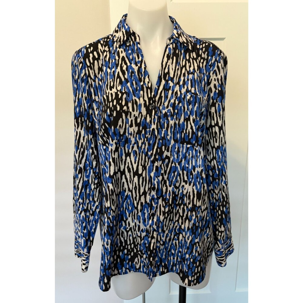 TALBOTS Nantucket Womens Button TOP Long Sleeve BLACK Blue ANIMAL PRINT Size L